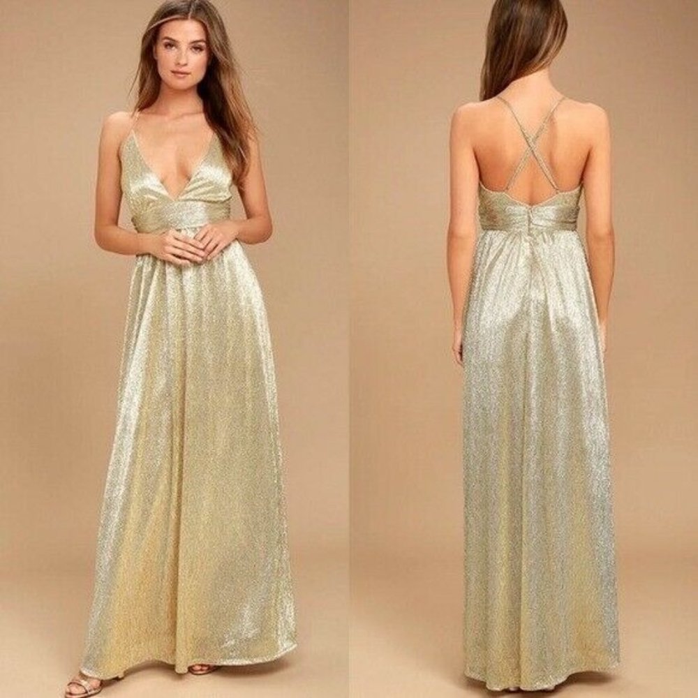 Lulus Gilded Goddess V Neck Maxi Dress in Gold Size Extra Small